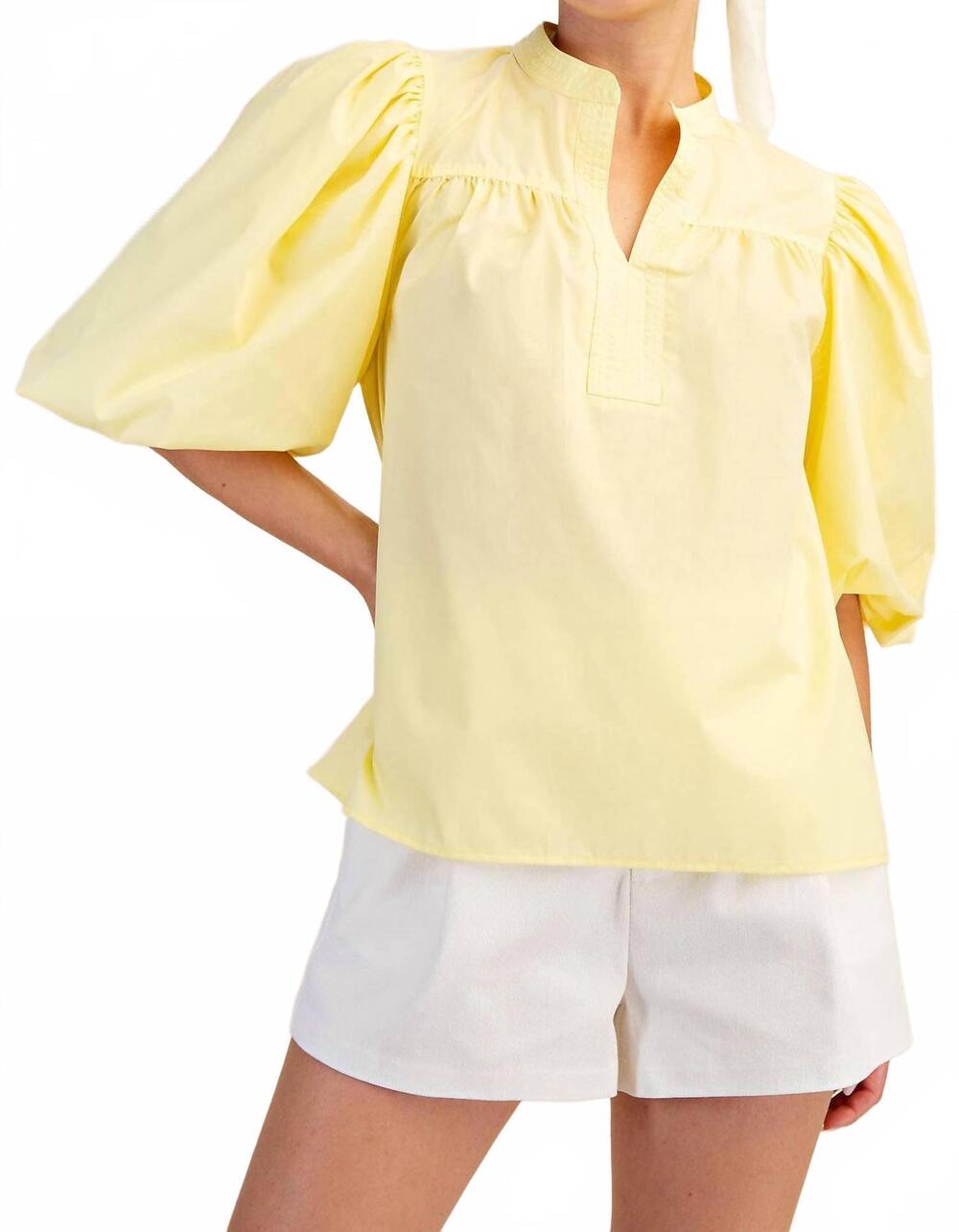 NEW GLAM collar v-neck bubble sleeve poplin top in butter yellow